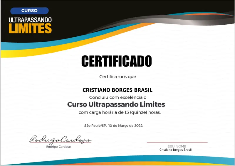 Ultrapassando Limites - Rodrigo Cardoso - certificado de Cristiano Brasil