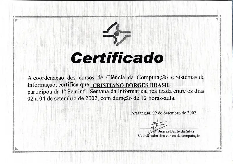 1ª SemInf – Semana da Informática - UNISUL - certificado de Cristiano Brasil
