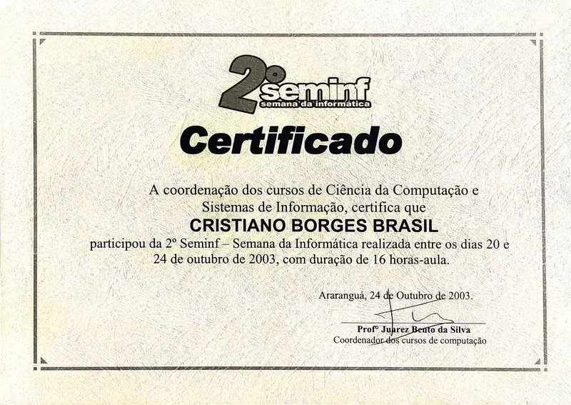 2º SemInf – Semana da Informática - UNISUL - certificado de Cristiano Brasil