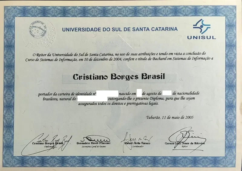 Bacharelado em Sistemas de Informação - UNISUL - certificado de Cristiano Brasil