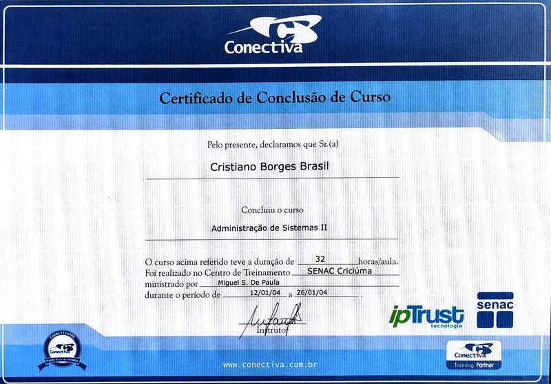 Administração de Sistemas II - Conectiva - SENAC Criciúma/SC - certificado de Cristiano Brasil