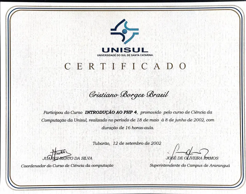 Introdução ao PHP 4 - UNISUL - certificado de Cristiano Brasil
