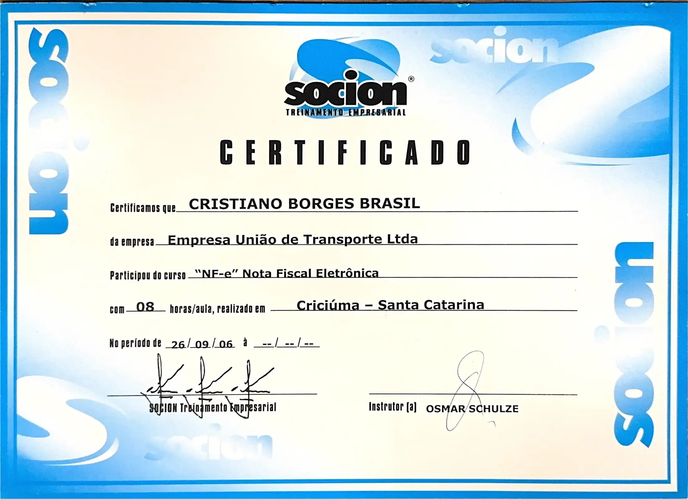 Nota Fiscal Eletrônica - Socion Treinamento Empresarial - certificado de Cristiano Brasil