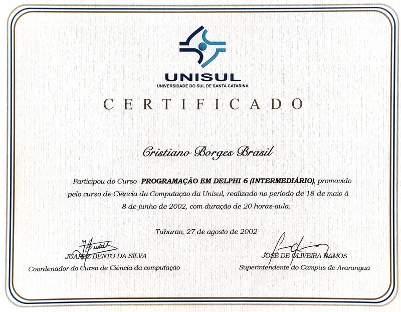 Programação em Delphi 6 (Intermediário) - UNISUL - certificado de Cristiano Brasil