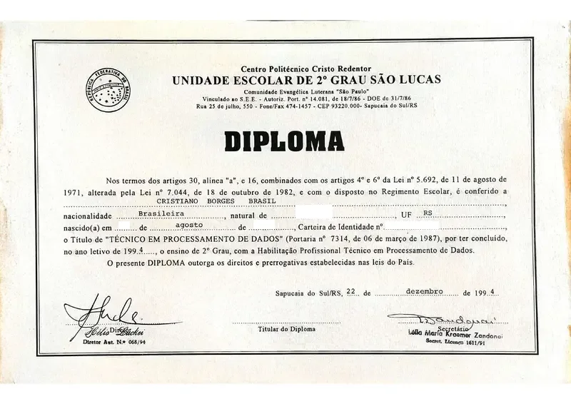 Técnico em Processamento de Dados - ULBRA - Centro Politécnico Cristo Redentor - certificado de Cristiano Brasil