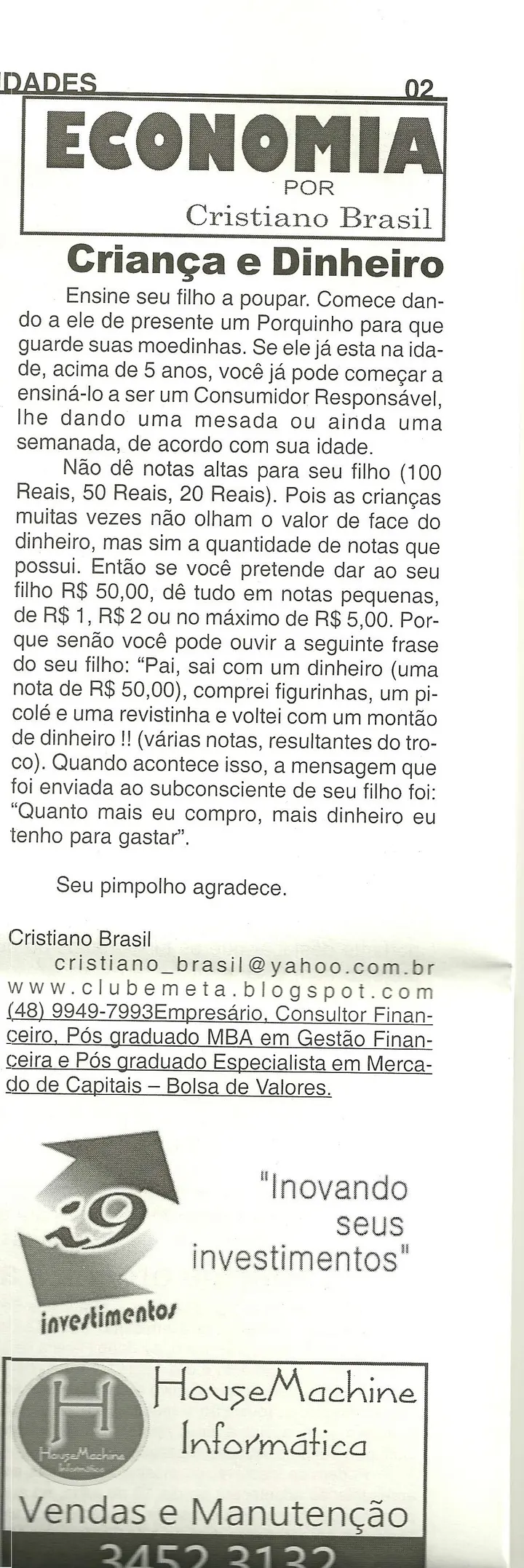 Coluna de Cristiano Brasil no Jornal Sentinela em junho de 2010