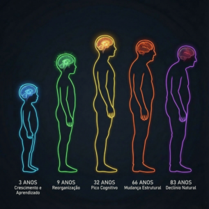 Ilustração do cérebro humano em diferentes fases, destacando as cinco 'idades' do cérebro humano: há mudanças cruciais por volta dos 9, 32, 66 e 83 anos.
