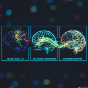 Células-tronco regenerando o cérebro após AVC, com neurônios se conectando