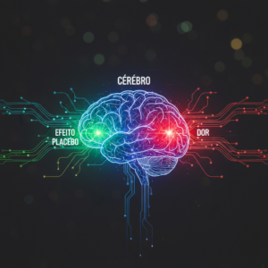 Mapeamento cerebral mostrando áreas ativadas pelo efeito placebo, simbolizando o poder da mente sobre a dor.