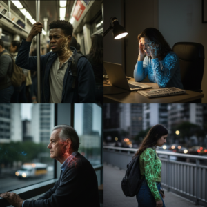 Pessoa com expressão de preocupação e pensamentos sobre pressões de começo de ano, simbolizando a ansiedade que atinge quase metade dos brasileiros e se intensifica no começo do ano.